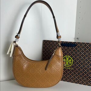 NWT Tory Burch T-Monogram Embossed Crescent Shoulder Bag